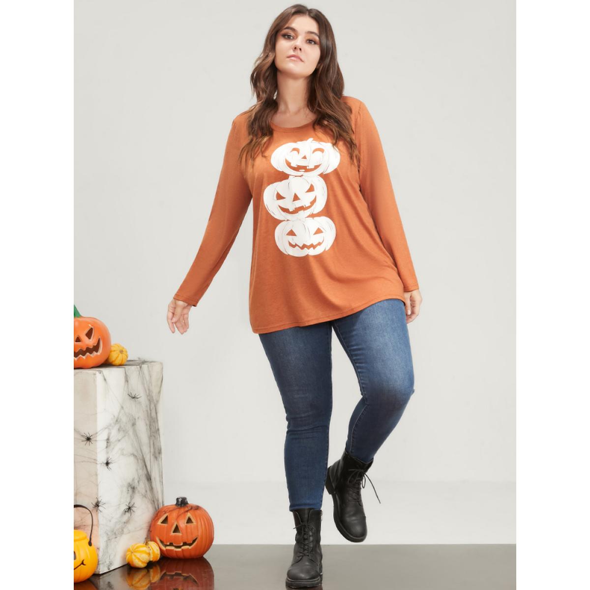 Plus Size Pumpkin Print Long Tee Chocolate Women Casual Printed Graphic-Halloween Round Neck Dailywear T-shirts BloomChic 14-16/1X Product Image