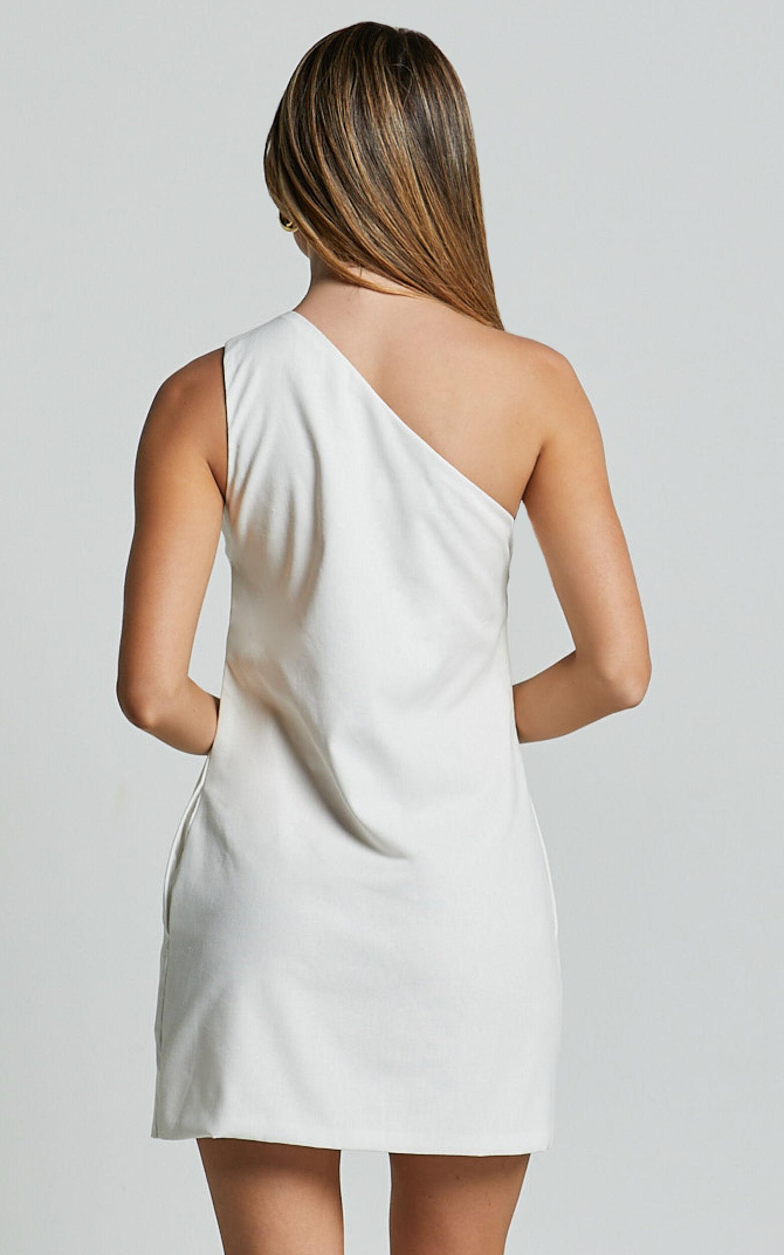 Mardelle Mini Dress - Linen One Shoulder Shift Dress in White Product Image