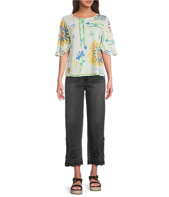 Tru Luxe Jeans Embroidered Scallop Hem Wide Leg Crop Jeans Product Image