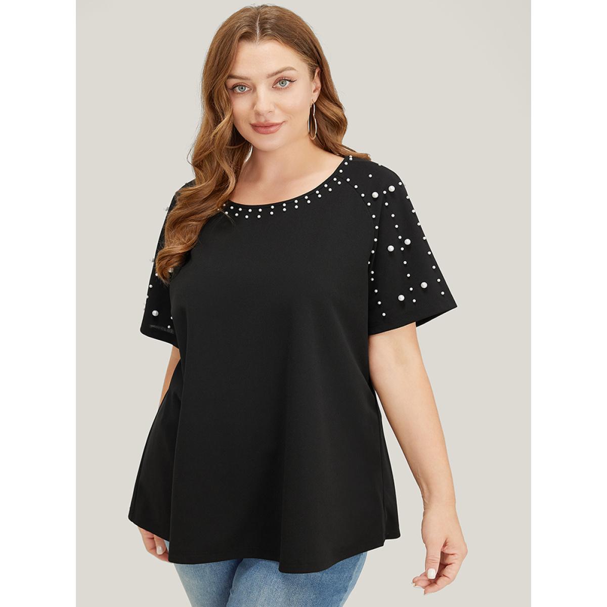 Plus Size Solid Raglan Sleeve Pearl Beaded T-shirt Black Women Elegant Beaded Plain Round Neck Dailywear T-shirts BloomChic 12/L Product Image