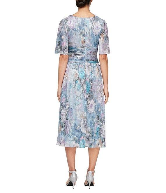 Ignite Evenings Surplice Neck Elbow Flutter Sleeve Ruched Waist Shimer Floral Print A Line Midi Dress Product Image