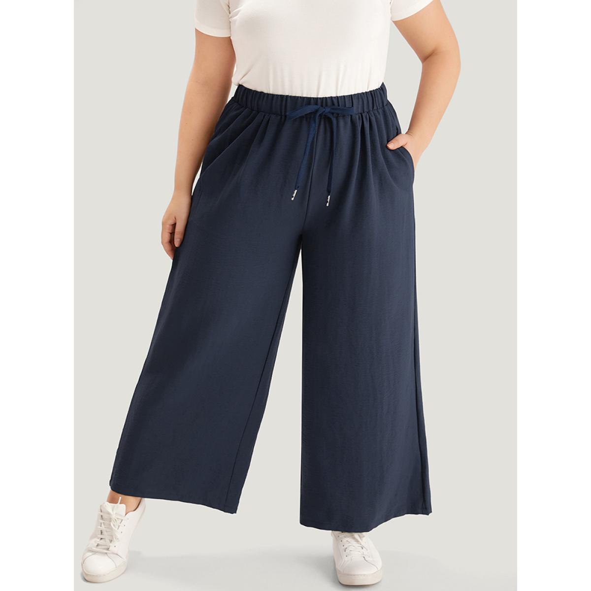 Plus Size Plain Drawstring Elastic Waist Gathered Pants Women Indigo Casual Straight Leg High Rise Dailywear Pants BloomChic 10/M Product Image