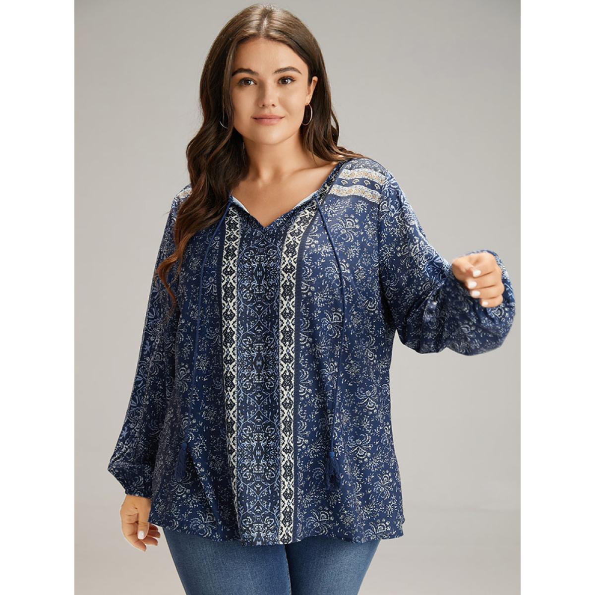 Plus Size Indigo Bandana Print Tassels Ties Blouse Women Vacation Long Sleeve Tie Neck Dailywear Blouses BloomChic 30/6X Product Image