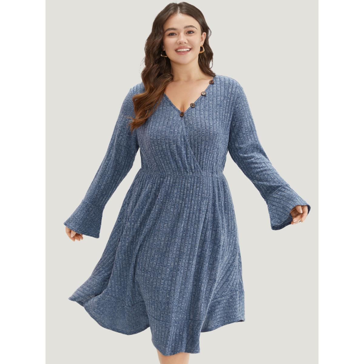 Plus Size Rib Knit Button Detail Pocket Bell Sleeve Dress Indigo Women Casual Texture V-neck Long Sleeve Curvy Midi Dress BloomChic 14-16/1X Product Image
