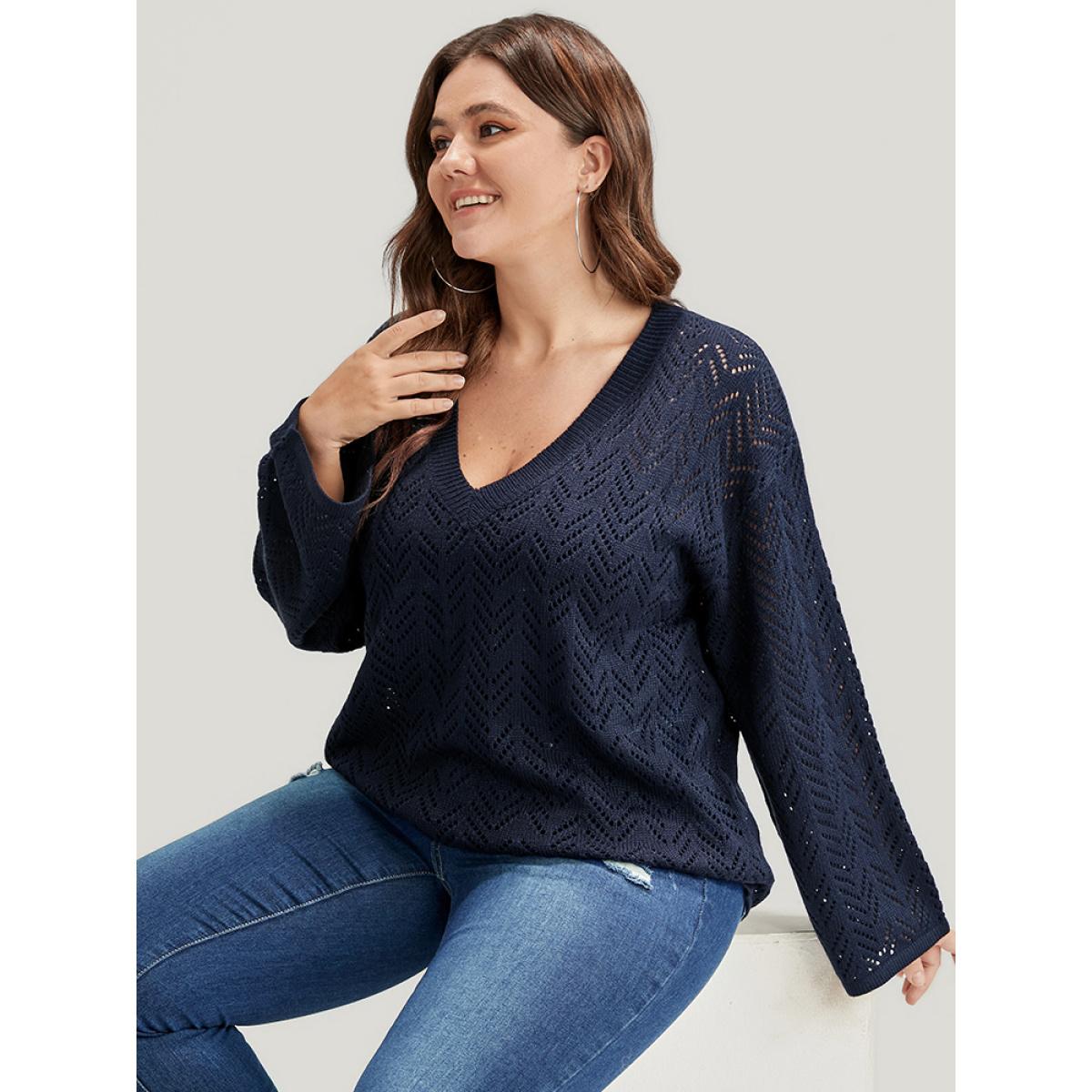 Plus Size Geometric Pointelle Knit V Neck Eyelet Knit Top Indigo Women Casual Loose Long Sleeve V-neck Dailywear Pullovers BloomChic 28/5X Product Image