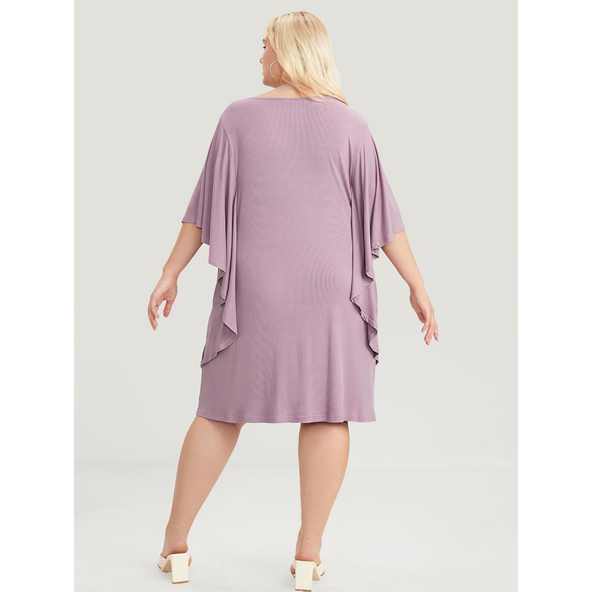 Plus Size Solid Dolman Sleeve Ruffle Trim Pocket Rib Knit Knee Dress Mauve Women Casual Pocket V-neck Half Sleeve Curvy Knee Dress BloomChic 12/L Product Image