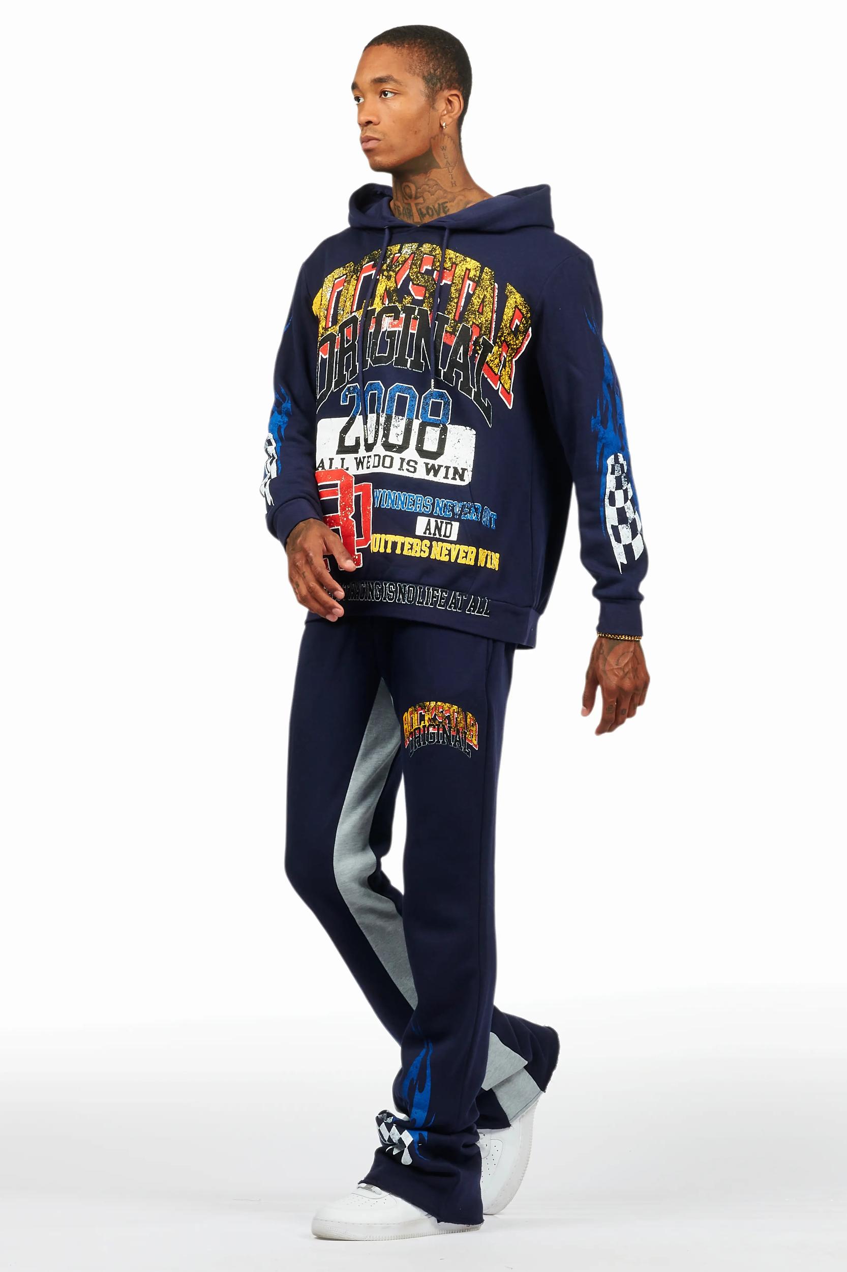 Colorful Race Navy Hoodie/Baggy Track Pant Set Male Product Image