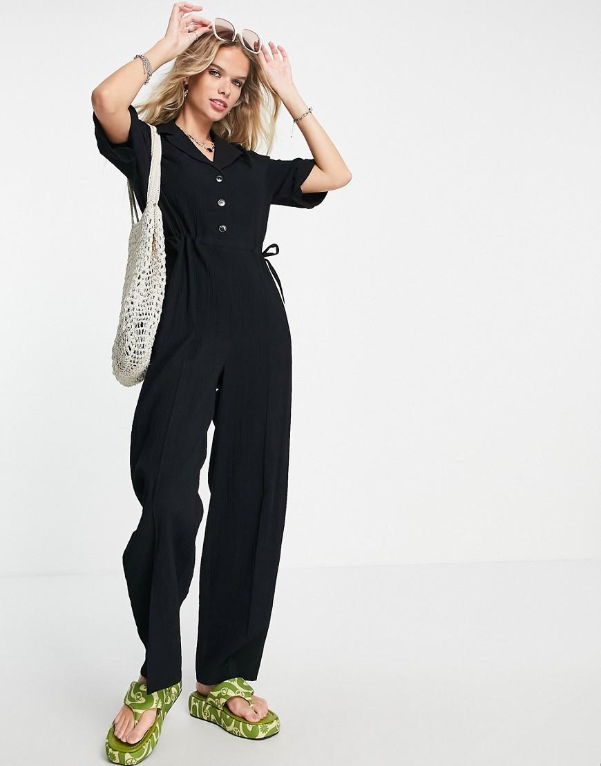 Topshop textured button through drawstring jumpsuit Product Image