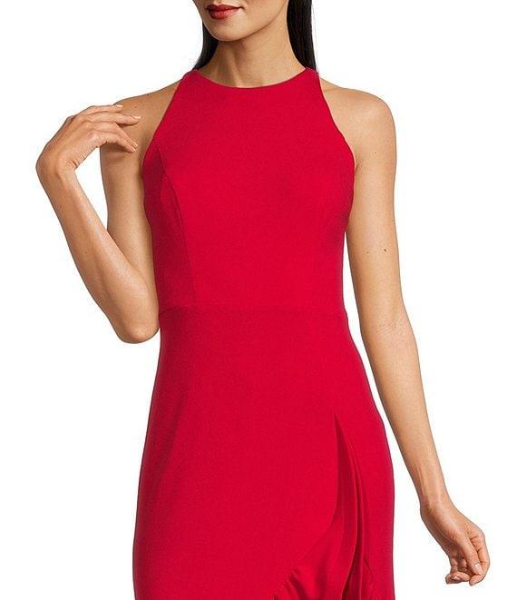 Betsy & Adam Round Neck Sleeveless Ruffle High-Low Stretch Crepe Gown Product Image