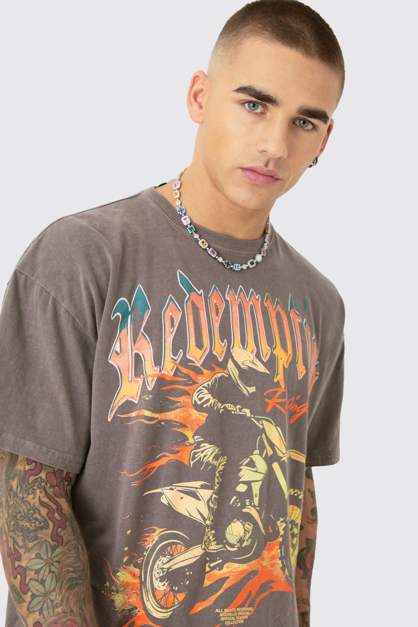 Oversized Boxy Redemption Moto Wash T-shirt | boohooMAN USA Product Image