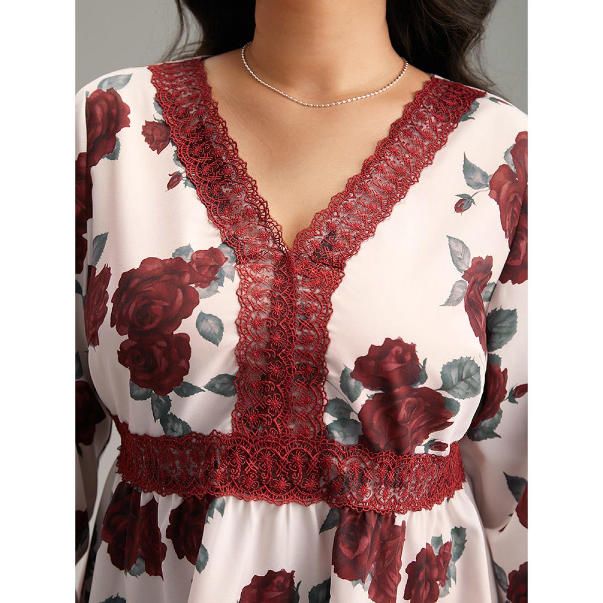 Plus Size Scarlet Floral Print Eyelet Lace Lantern Sleeve Blouse Women Glamour Long Sleeve V-neck Going out Blouses BloomChic 10/M Product Image