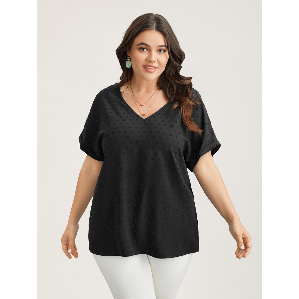 Plus Size Black Back-Button Textured V-Neck Shirt Women Timeless Short sleeve V-neck Elegant Blouses BloomChic 28/5X Product Image