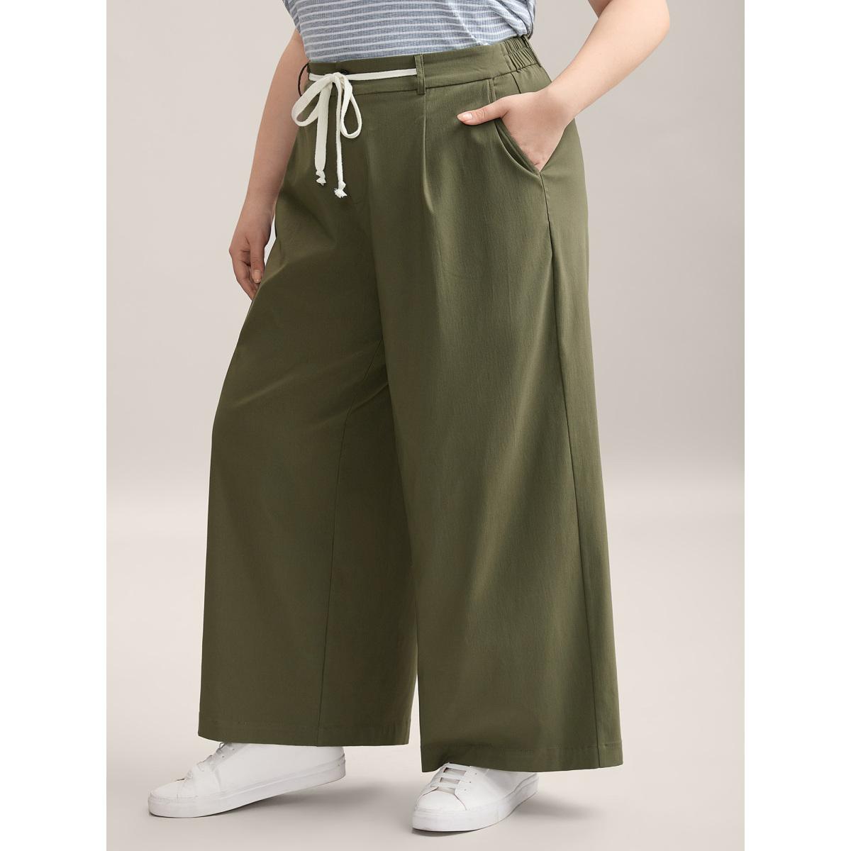Plus Size Drawstring Pockets Wide-Leg Pants Women ArmyGreen Casual Wide Leg Mid Rise Casual Pants BloomChic 12/L Product Image