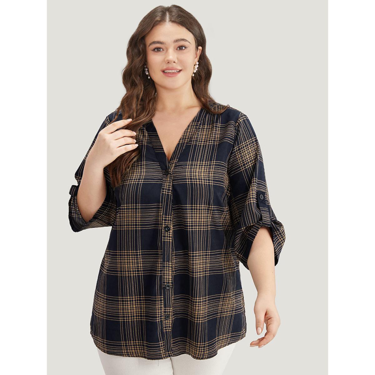 Plus Size Indigo Plaid Button Through Roll Tab Sleeve Blouse Women Office Half Sleeve V-neck Office Blouses BloomChic 18-20/2X Product Image