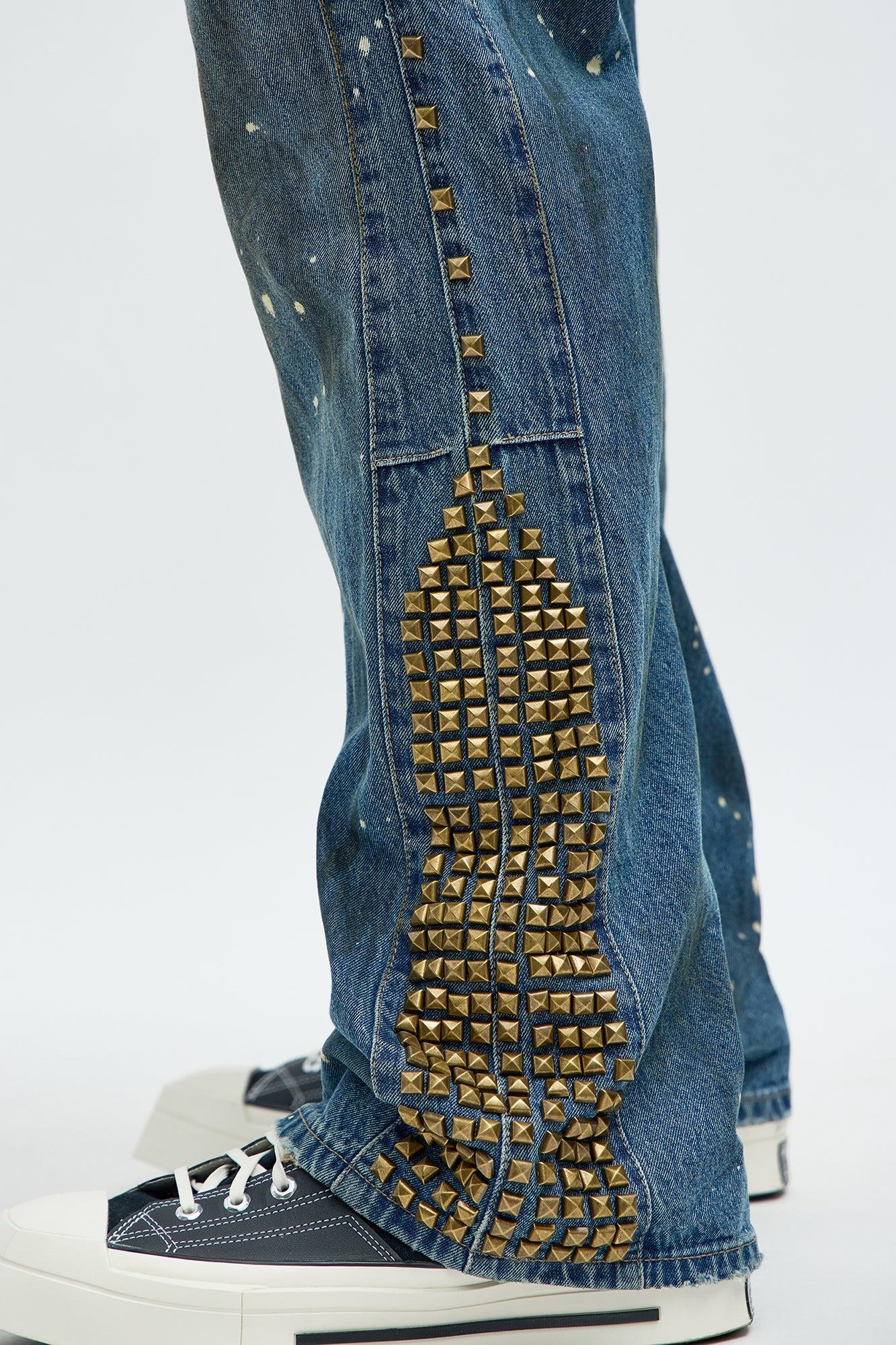Slim Flare Put Me On Distressed Studded Jeans - Medium Blue Wash Male Product Image