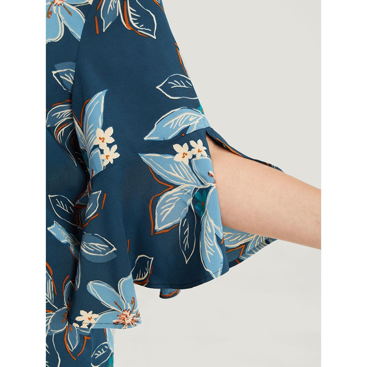 Plus Size Aegean Floral Print Keyhole Neck Split Bell Sleeve Blouse Women Elegant Elbow-length sleeve Round Neck Dailywear Blouses BloomChic 18-20/2X Product Image