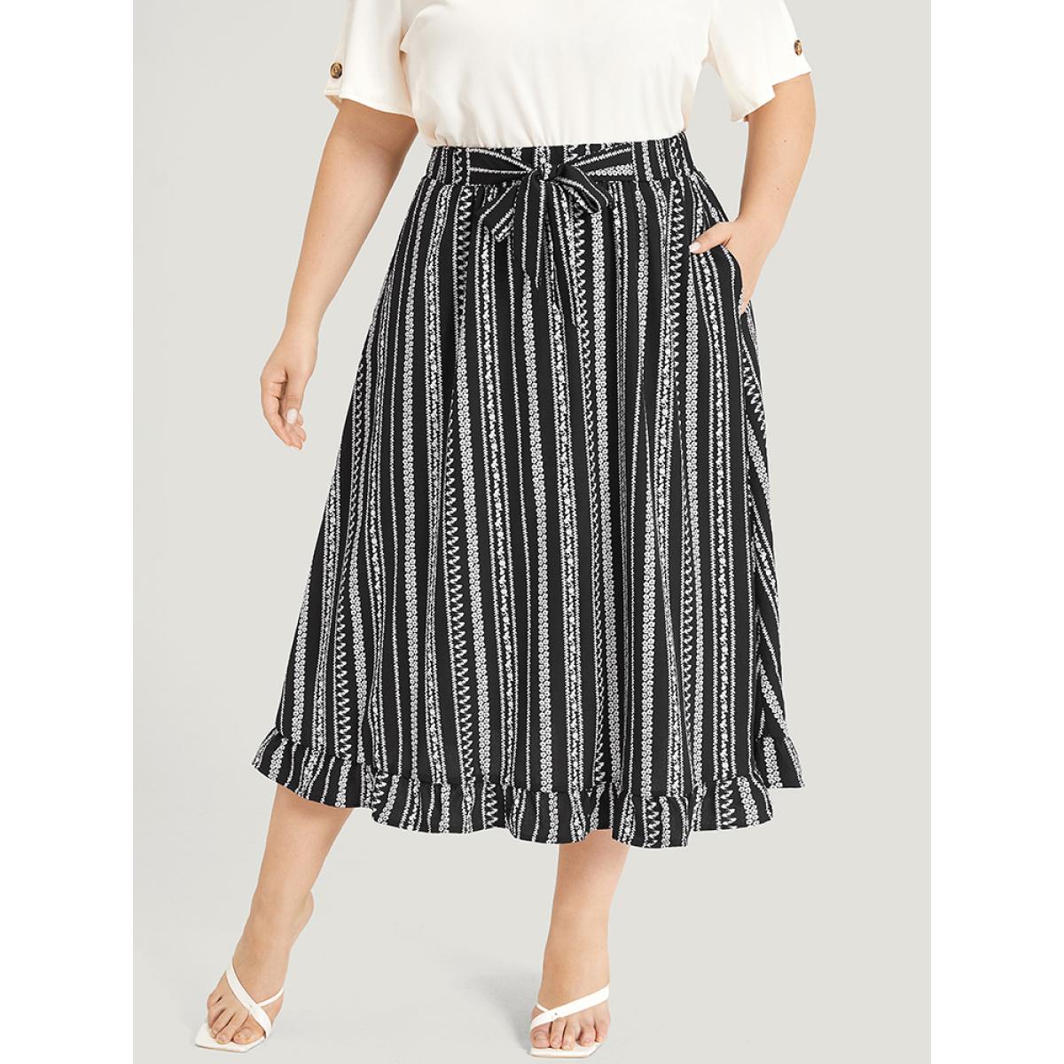 Plus Size Striped Bowknot Pocket Ruffle Trim Skirt Women Black Office Cross straps No stretch Pocket Work Skirts BloomChic 30/6X Product Image