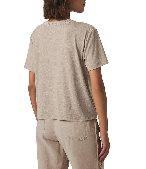 Kacey Crochet Knit V-Neck Short Sleeve Tee Shirt Product Image