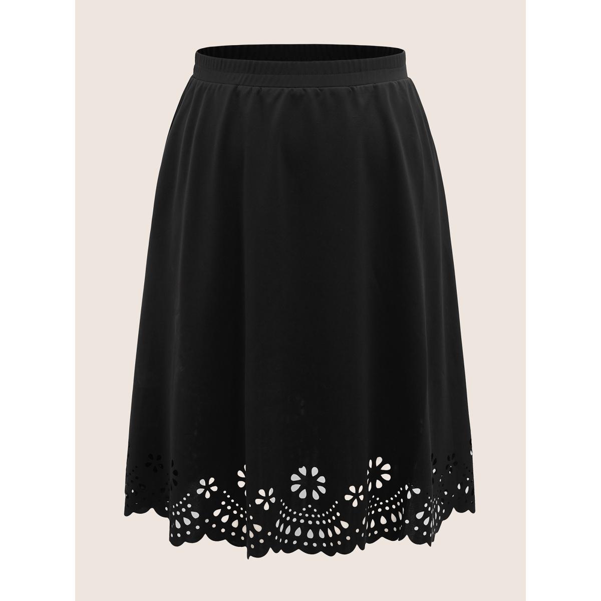 Plus Size Laser Cut Elastic Waist Pocket Skirt Women Black Formal Cut-Out Medium stretch Side seam pocket Party Skirts BloomChic 12/L Product Image