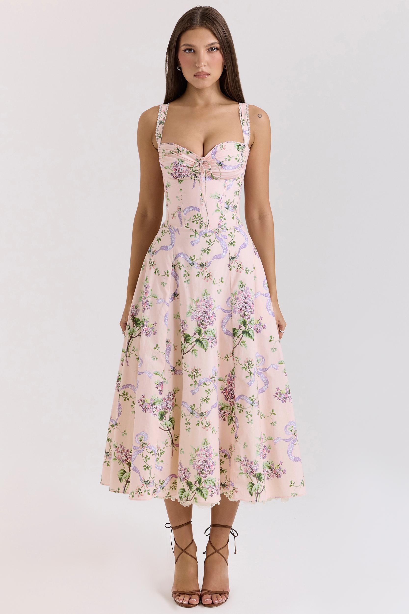 Rosalee  pink floral corset midi dress Product Image