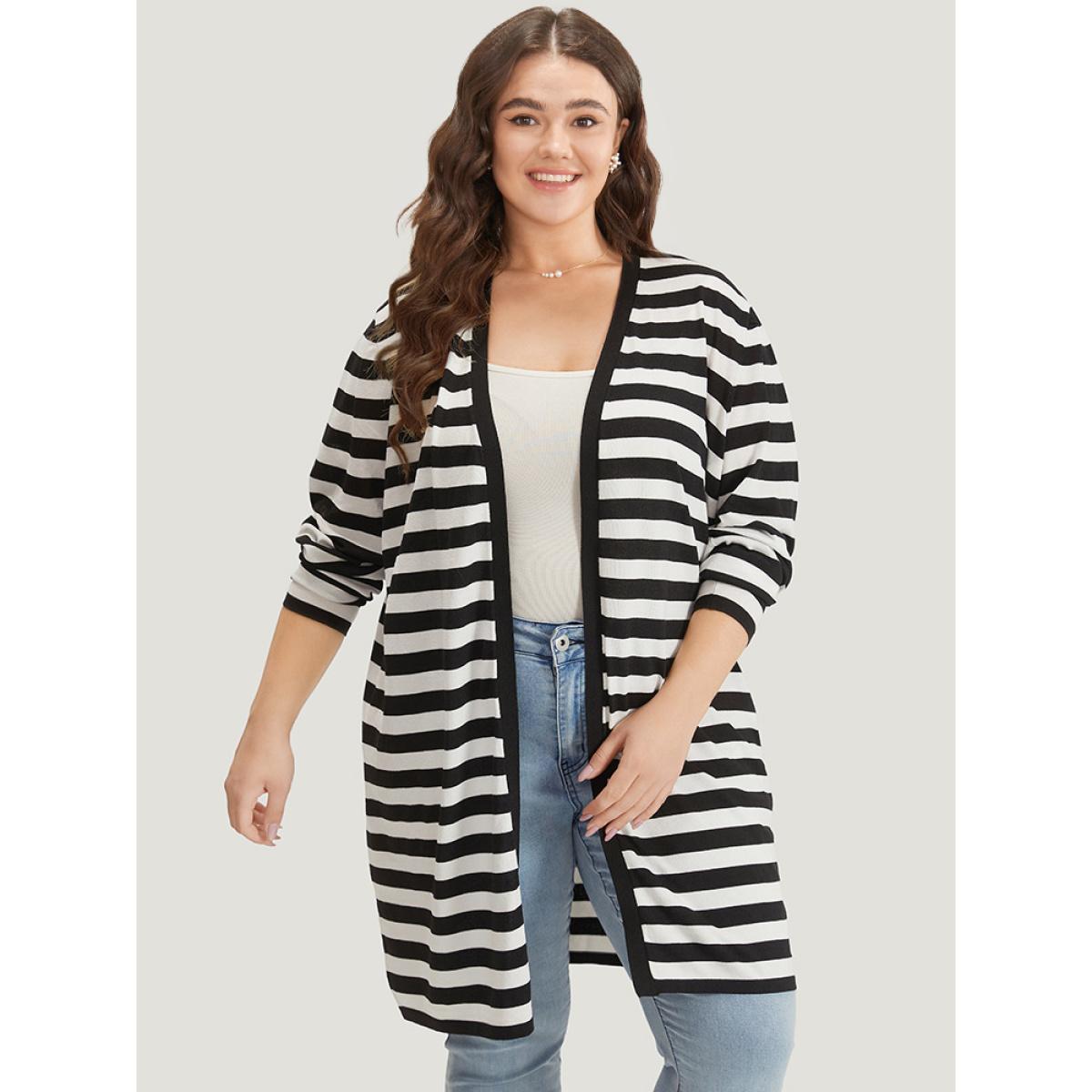 Plus Size Striped Open Front Drop Shoulder Tunic Cardigan Black Women Casual Loose Long Sleeve Dailywear Cardigans BloomChic 26/4X Product Image