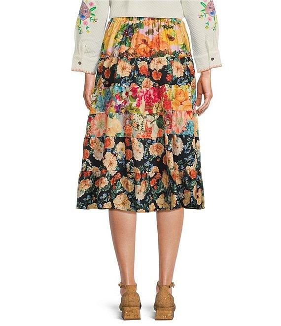 Calessa Patchwork Floral Print Midi Tiered A-Line Pull-On Skirt Product Image