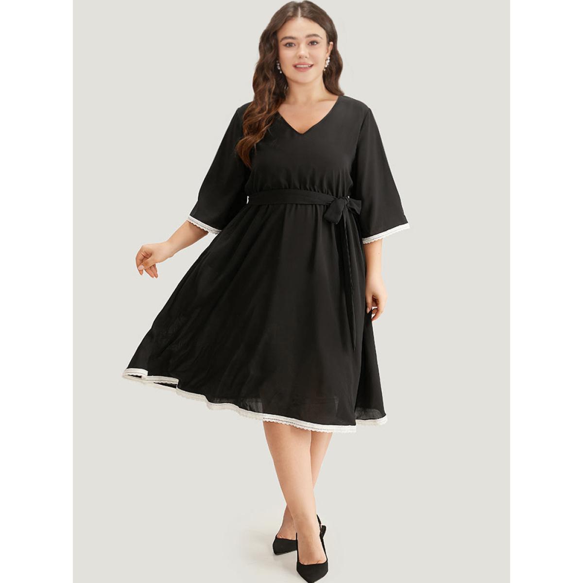 Plus Size V Neck Pocket Patchwork Contrast Belted Dress Black Women Elegant Plain V-neck Elbow-length sleeve Curvy Midi Dress BloomChic 14-16/1X Product Image