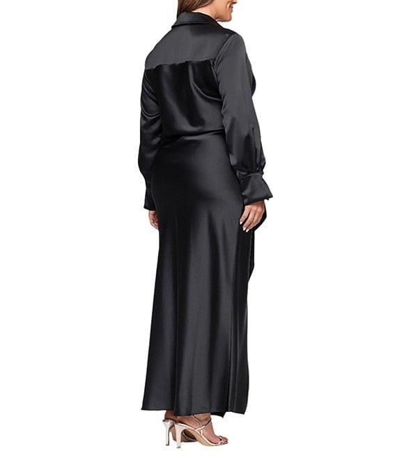 Xscape Plus Size Satin Long Sleeve Faux Wrap Gown Product Image