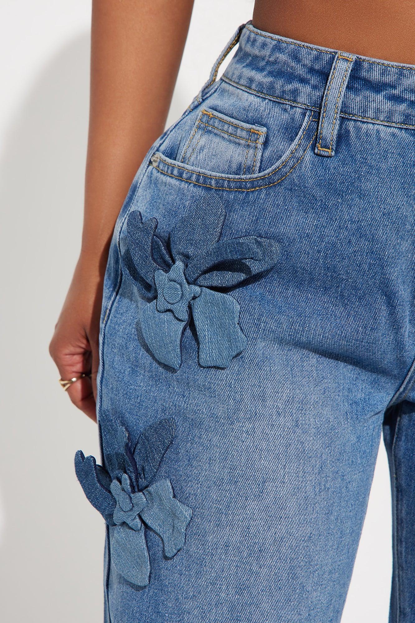Floria Baggy Flower Applique Jeans - Medium Wash Product Image