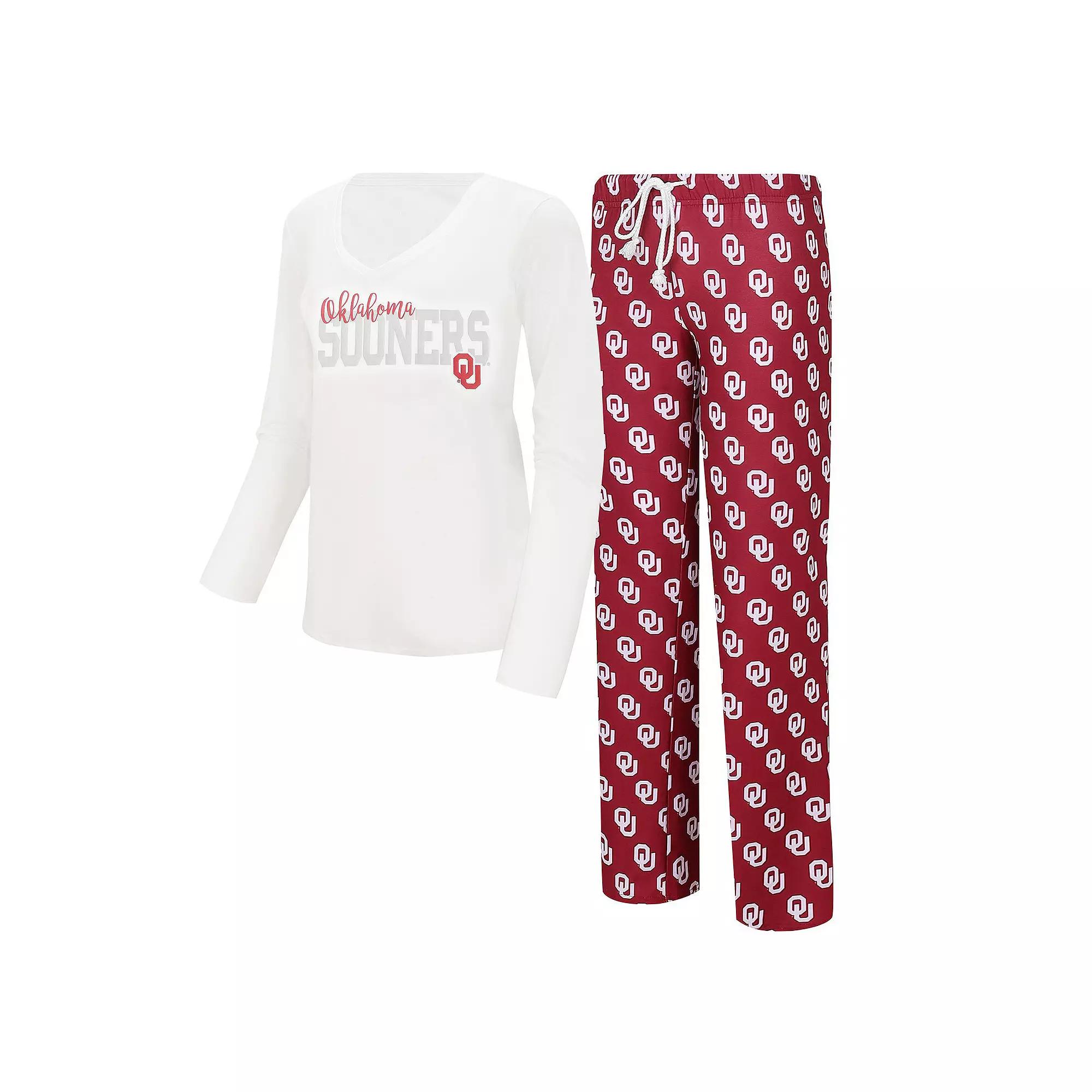 Women's Concepts Sport  White/Crimson Oklahoma Sooners Long Sleeve V-Neck T-Shirt & Gauge Pants Sleep Set, Size: XL Product Image
