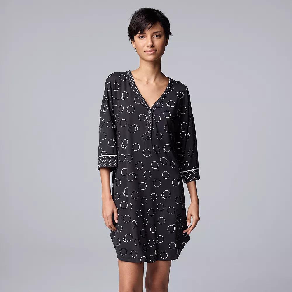 Women's Simply Vera Vera Wang Cozy Elbow Sleeve Henley Sleepshirt, Size: Medium, Black Circles Product Image