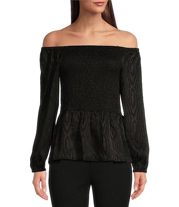 Michael Kors Moire Jacquard Off-The-Shoulder Long Sleeve Smocked Top Product Image