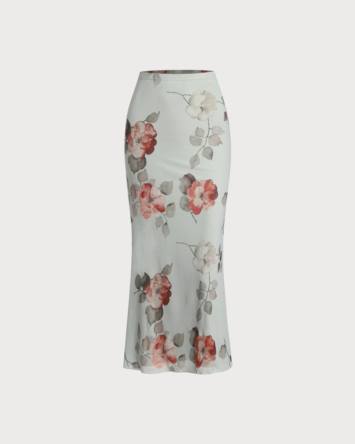 Green Floral Elastic Waist Straight Midi Skirt Product Image