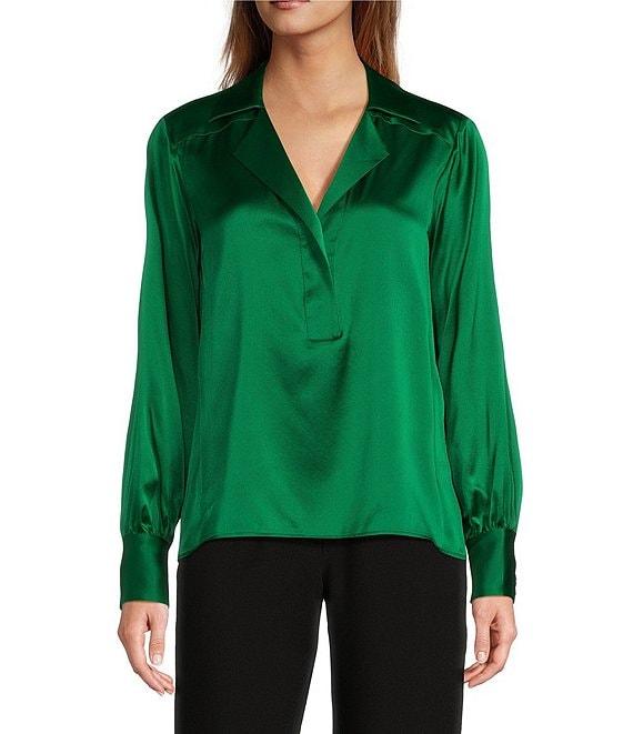 Antonio Melani Violet Silk Notch Collar V-Neck Long Blouson Sleeve Blouse Product Image