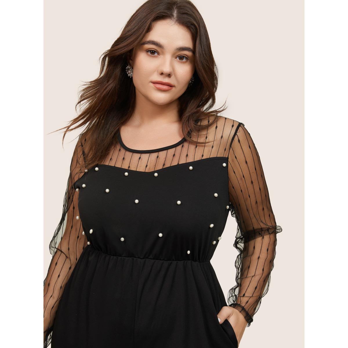 Plus Size Black Pearl Beaded Mesh Patchwork Zipper Jumpsuit Women Party Long Sleeve Round Neck Going out Loose Jumpsuits BloomChic 10/M Product Image