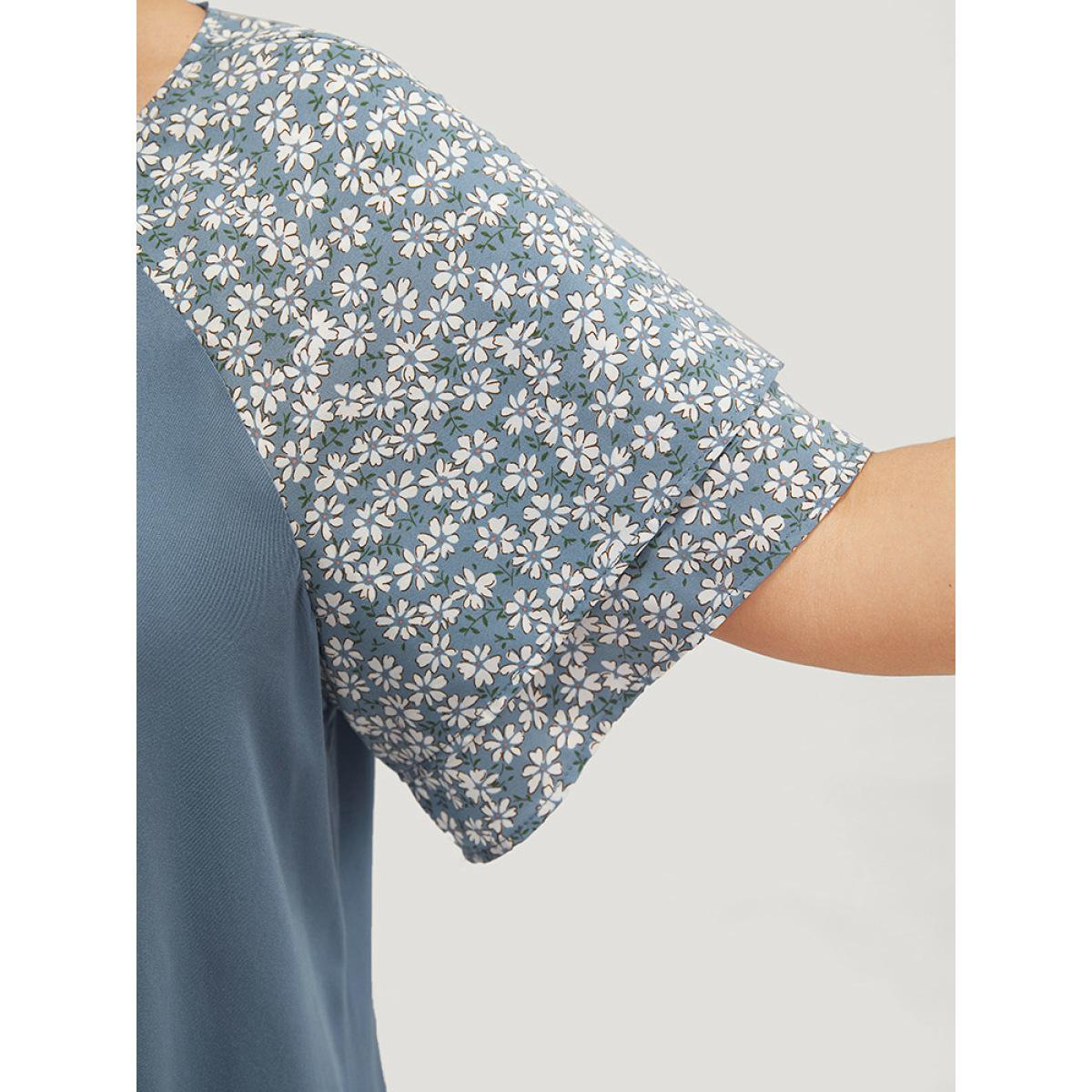 Plus Size Stone Ditsy Floral Raglan Sleeve Ruffle Tiered Lace Up Blouse Women Elegant Short sleeve Tie Neck Dailywear Blouses BloomChic 10/M Product Image