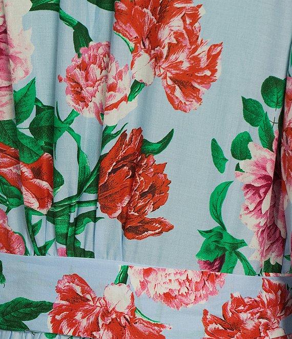 Gibson & Latimer Woven Floral Print Poplin V-Neck Long Blouson Sleeve Tie at Side Wrap A-Line Flounce Midi Dress Product Image