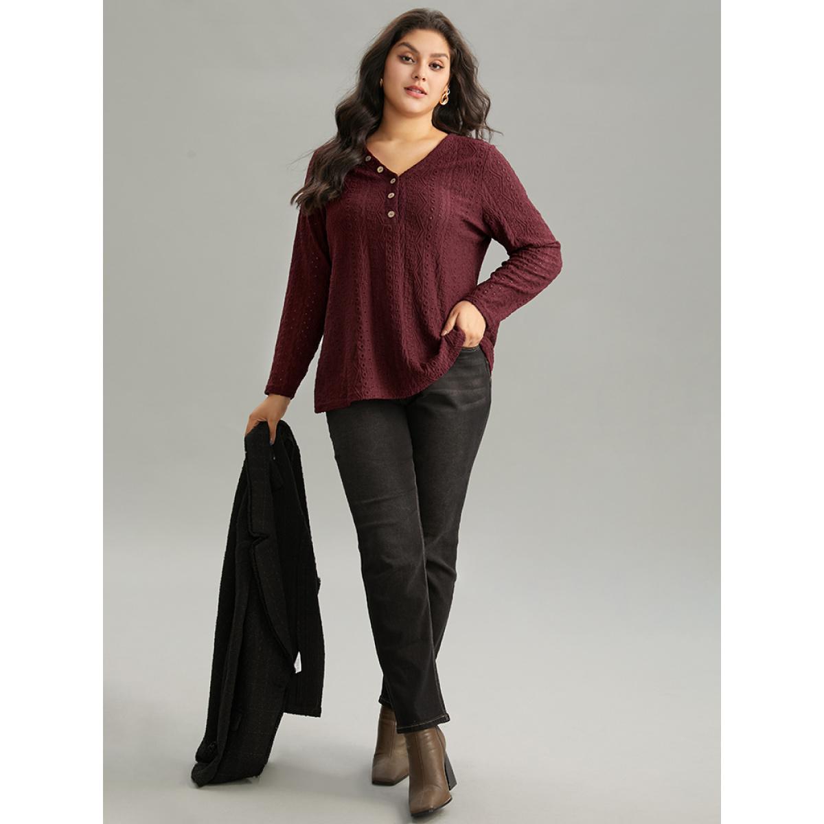 Plus Size Broderie Anglaise Button Detail Jacquard T-shirt Burgundy Women Elegant Texture Plain V-neck Dailywear T-shirts BloomChic 30/6X Product Image