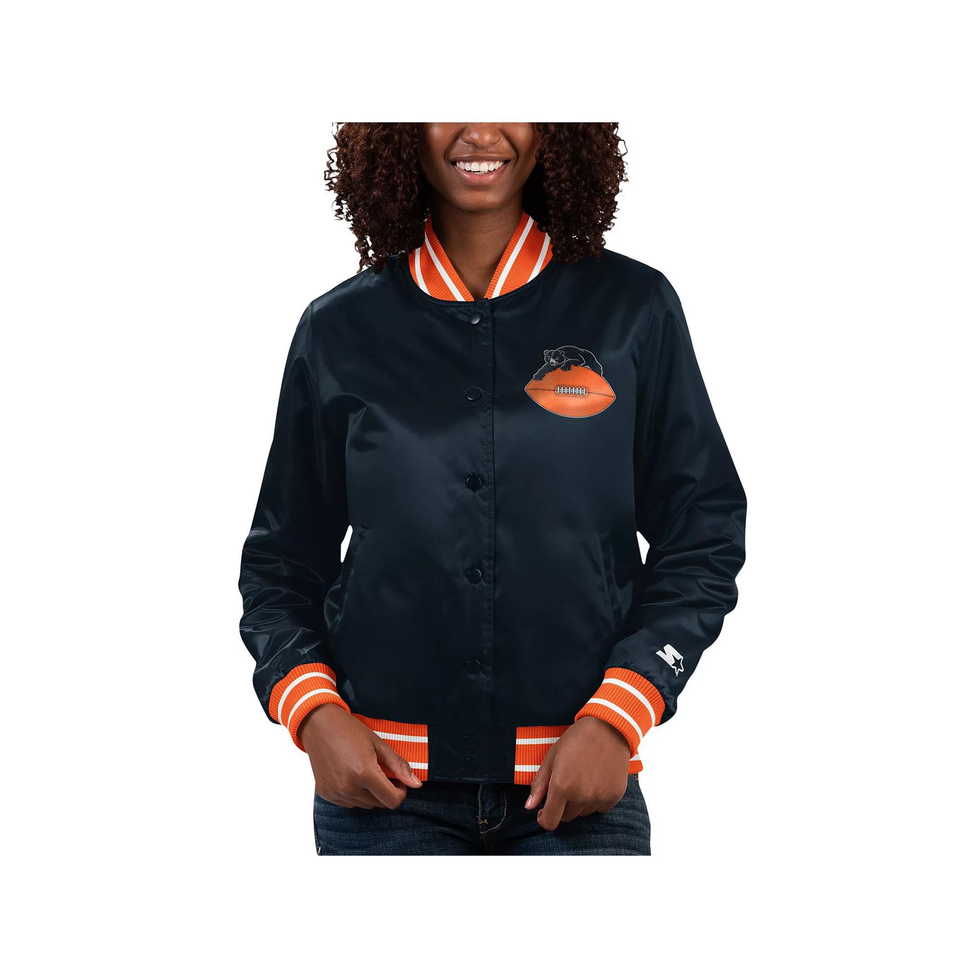 Women's Starter Navy/Orange Chicago Bears Full Count Satin Full-Snap Varsity Jacket, Size: 2XL, Blue Product Image