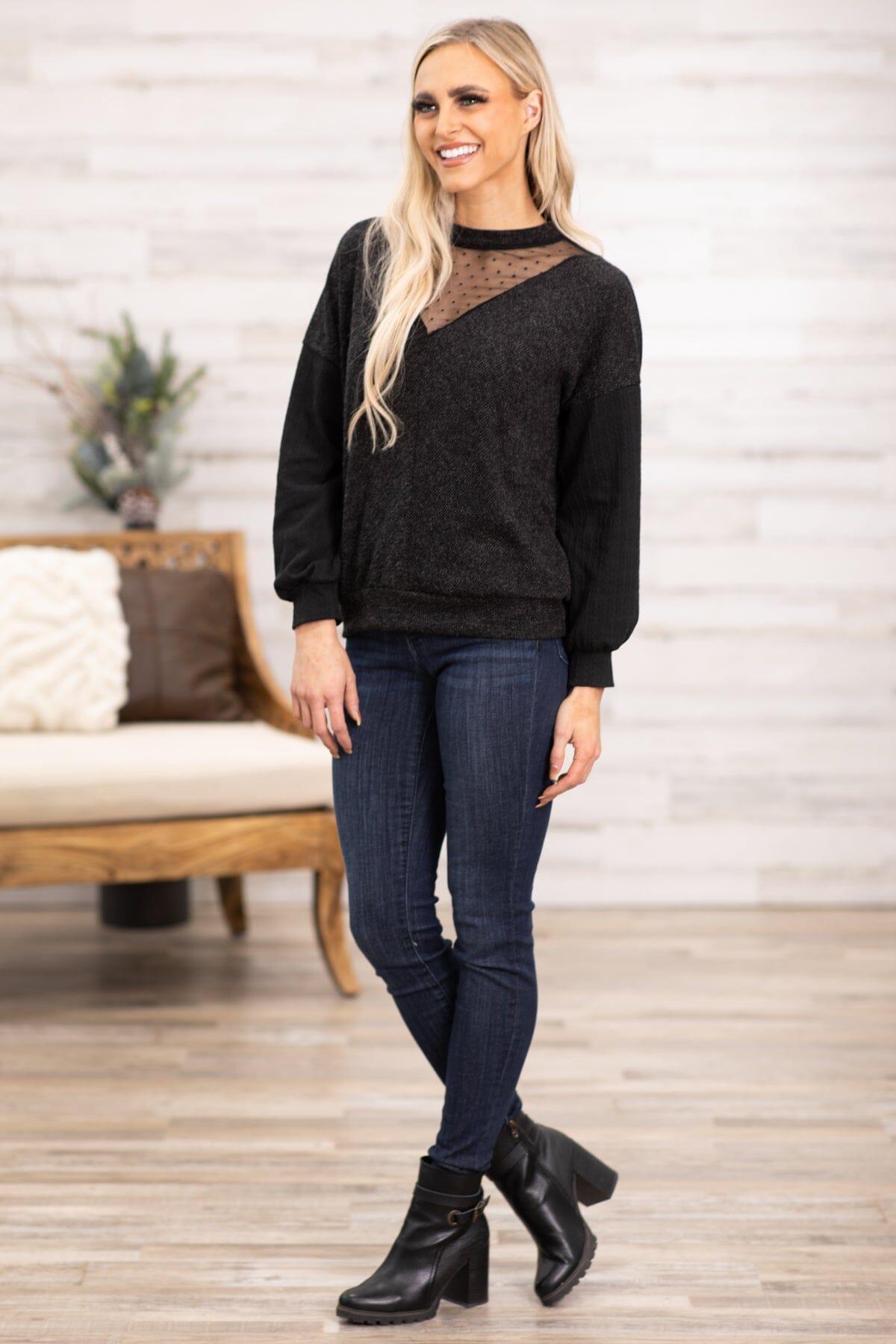 Black Top With Swiss Dot Mesh Detail Product Image