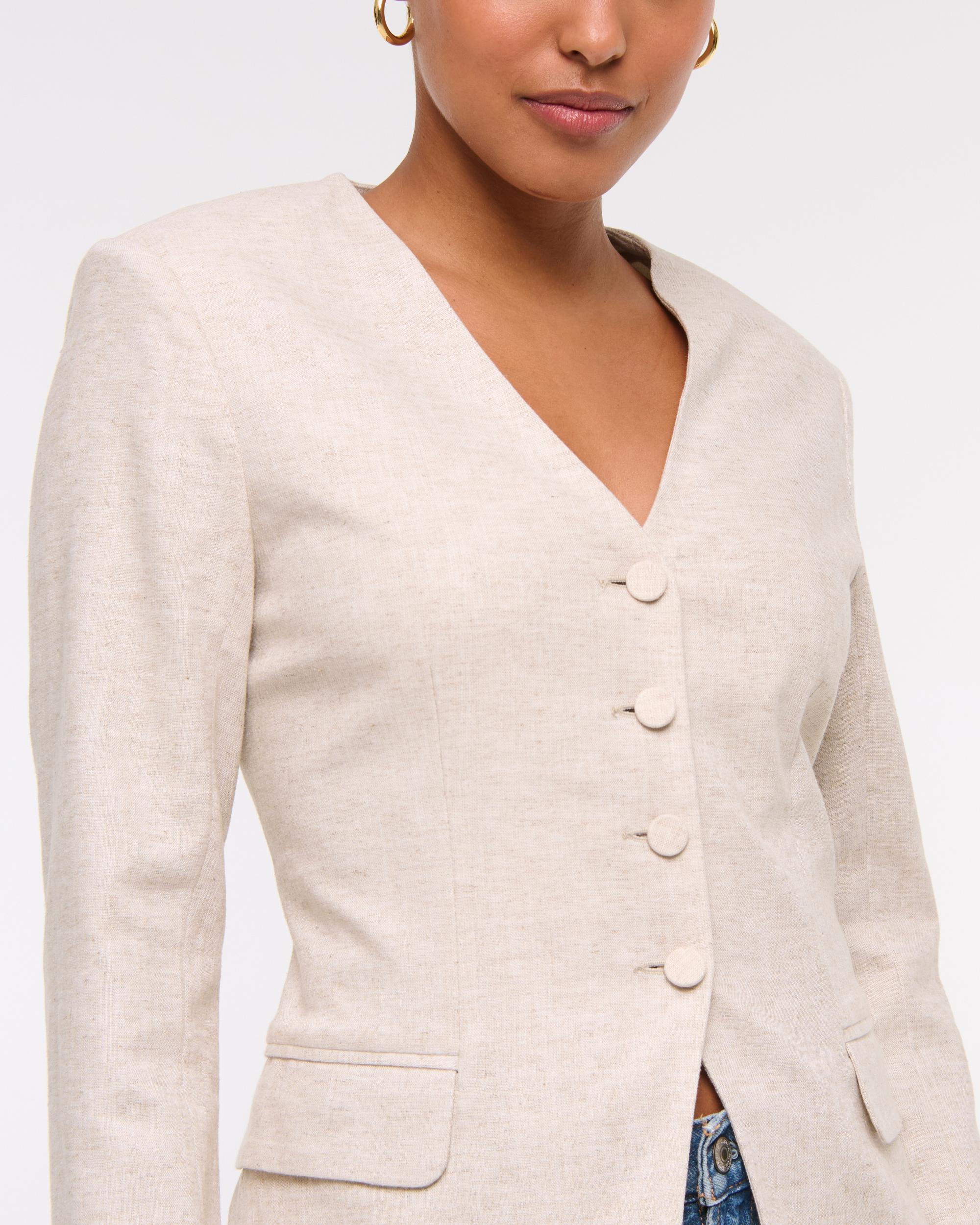 Linen-Blend Collarless Blazer Product Image