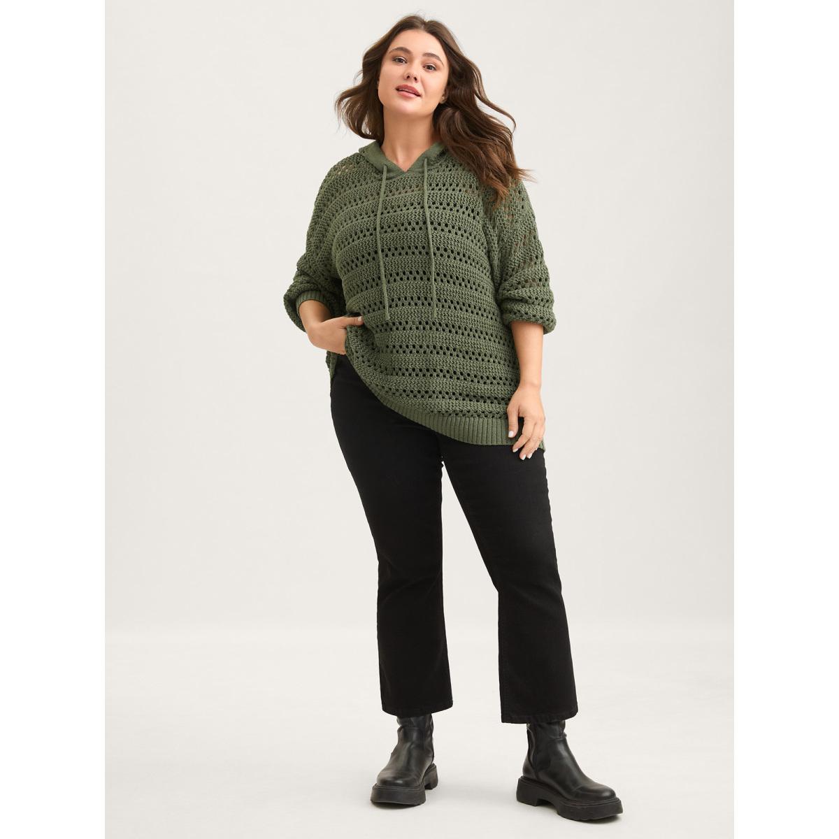 Plus Size Cut-Out Textured Drop Shoulder Pullover Moss Women Leisure Loose Long Sleeve Hooded Casual Pullovers BloomChic 14-16/1X Product Image