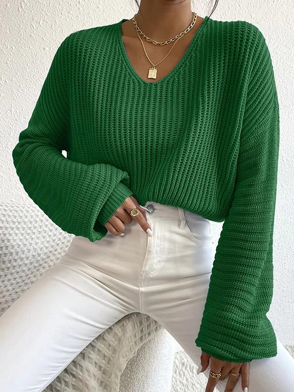 Long Sleeves Loose Solid Color Split-Joint V-Neck Pullovers Sweater Tops Product Image