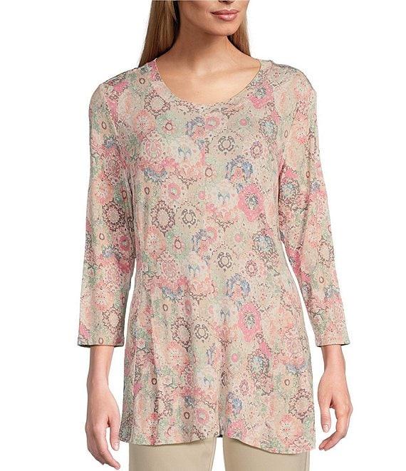 Intro Knit Jersey Floral Print Scoop Neck 3/4 Sleeve Flare Hem Top Product Image