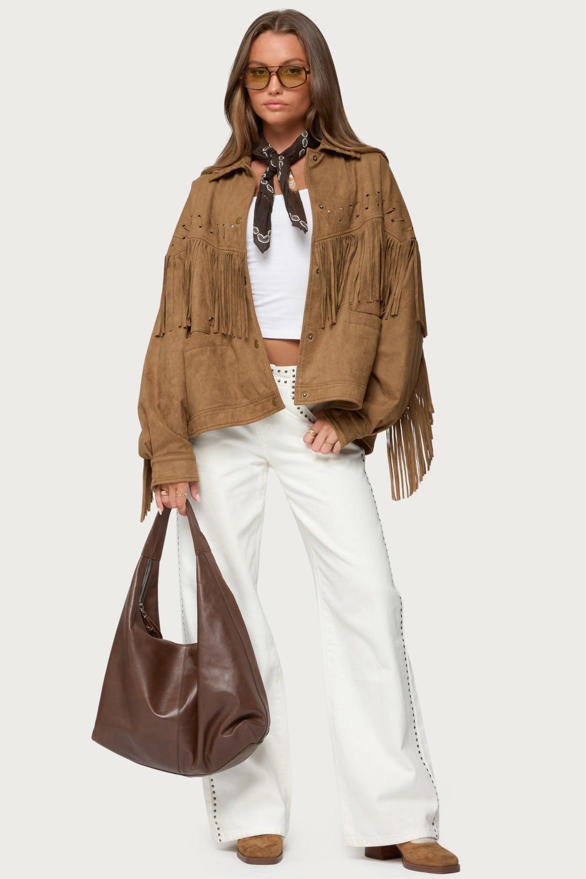 Evonka Fringe Faux Suede Jacket Product Image