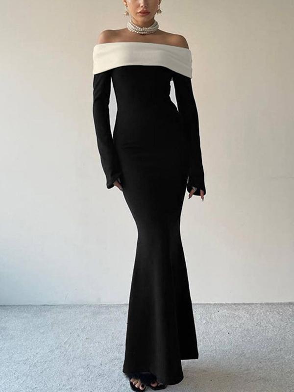 Contrast Color Trim Off Shoulder Long Sleeve Maxi Dress Product Image