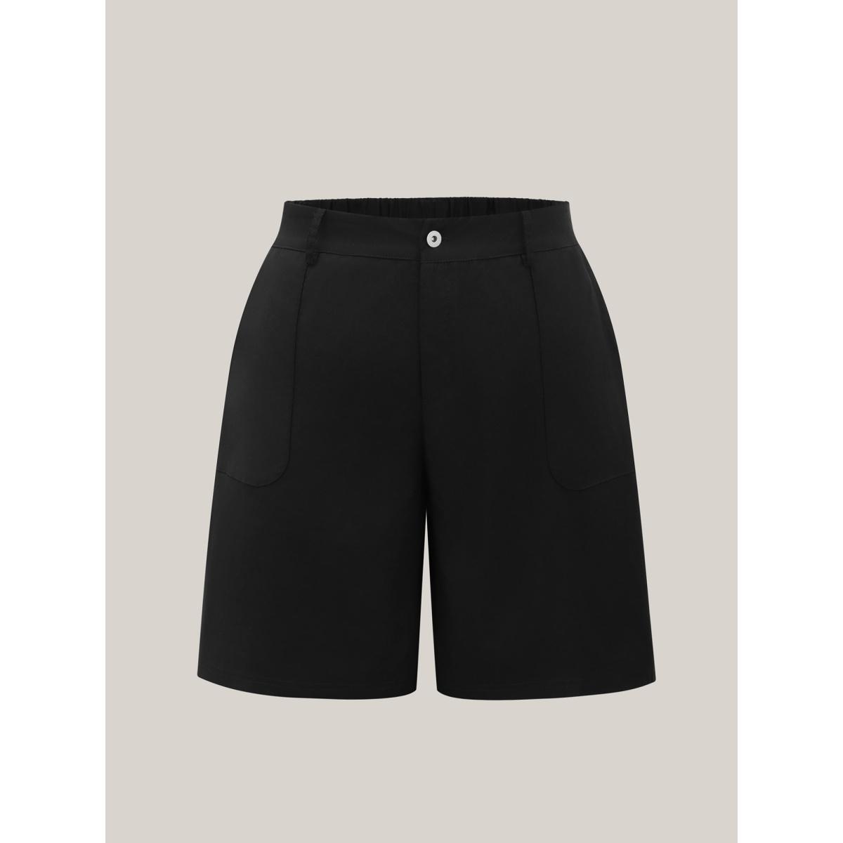 Plus Size Rubber Waist Zipper Pockets Shorts Women Black Leisure Button Straight Leg Casual Shorts BloomChic 18-20/2X Product Image