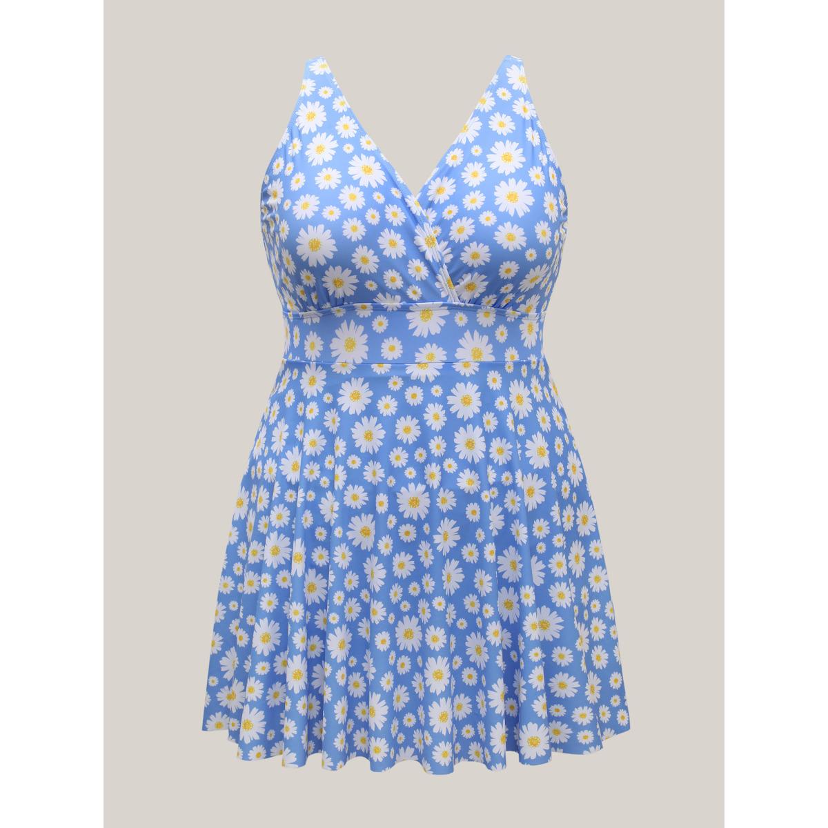 Plus Size Anti-Float Ties Floral Print Swim Dress Women's Swimwear LightBlue Beach Bodycon Overlap Collar High stretch Curve Swim Dresses BloomChic 10/M Product Image