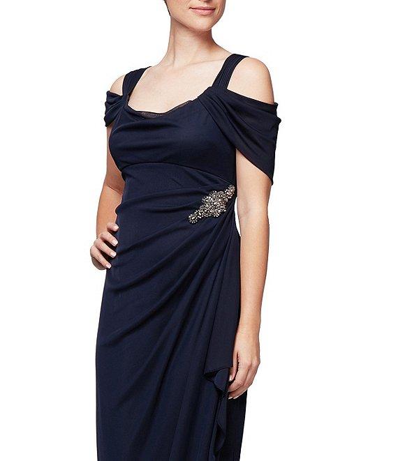 Alex Evenings Short Sleeve Cold Shoulder Cowl Neck Side Brooch Gown Product Image
