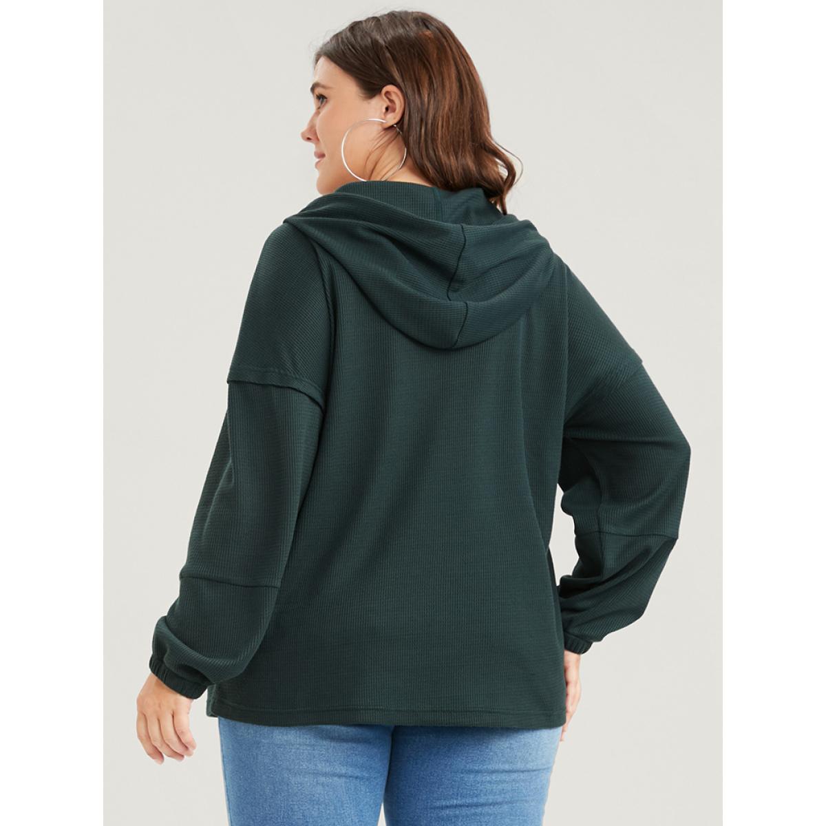 Plus Size Solid Pocket Button Drawstring Waffle Knit Hooded Sweatshirt Women Green Casual Drawstring Loose Hooded Dailywear Sweatshirts BloomChic 22-24/3X Product Image